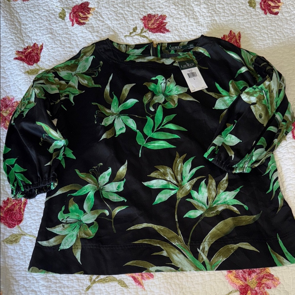 NWT Lauren Ralph Lauren Black Top with Green Floral Pattern